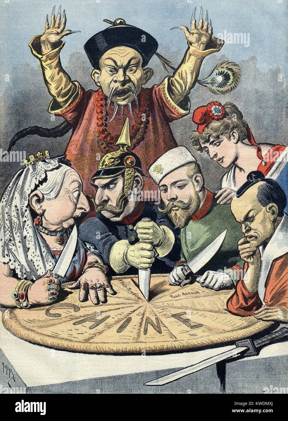 1898 French political cartoon shows Europeans carving up China. Behind them an agitated Mandarin is helpless to stop them. L-R: Queen Victoria, Kaiser Wilhelm II, Czar Nicolas II, and a Japanese samurai carve the Chinese Cake as French national symbol, Marianne watches  (BSLOC 2017 20 10) Stock Photo