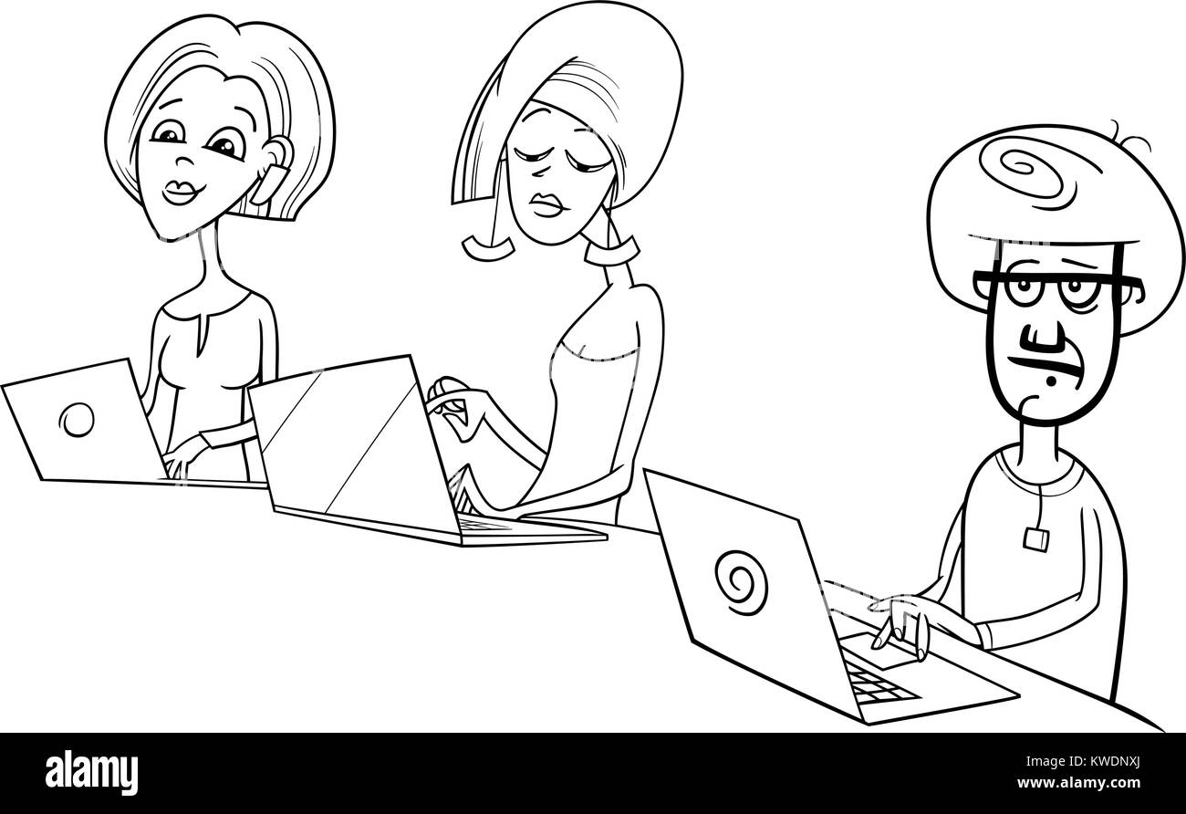 Black and White Cartoon Illustration of People Working on Notebook Computers Stock Vector