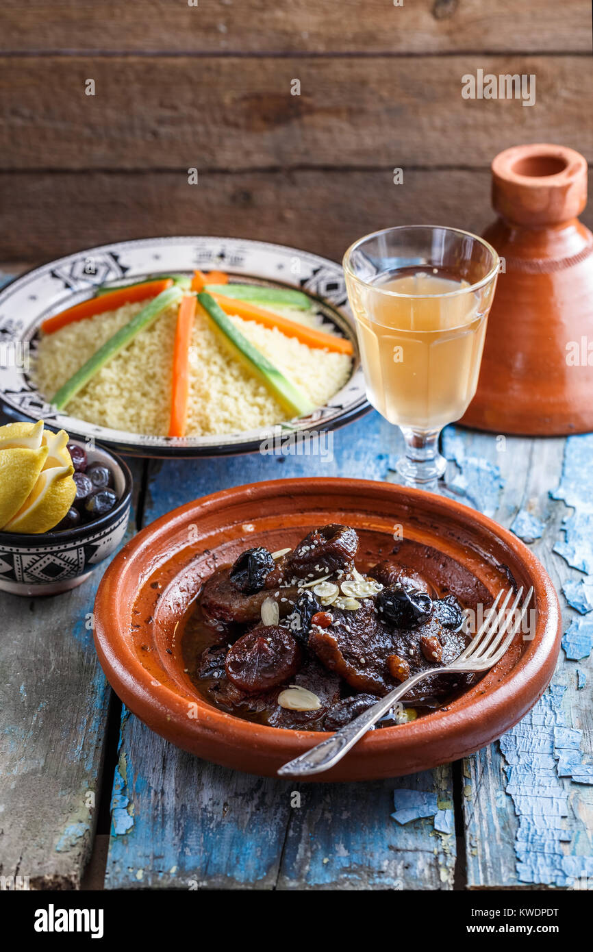 Delicious Moroccan tajine with beeef, prunes, raisins, figs and almonds