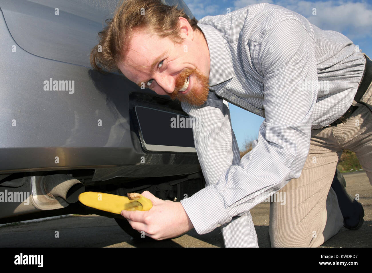 Man putting banana into car exhaust pipe Stock Photo Alamy