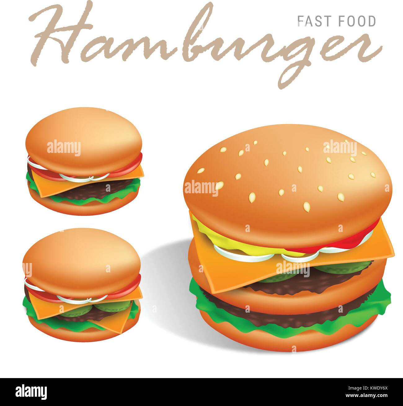 Double american cheeseburger vector illustration with white background - sesame bun, beef steaks, cheese, tomato and salad both with special sauce Stock Vector