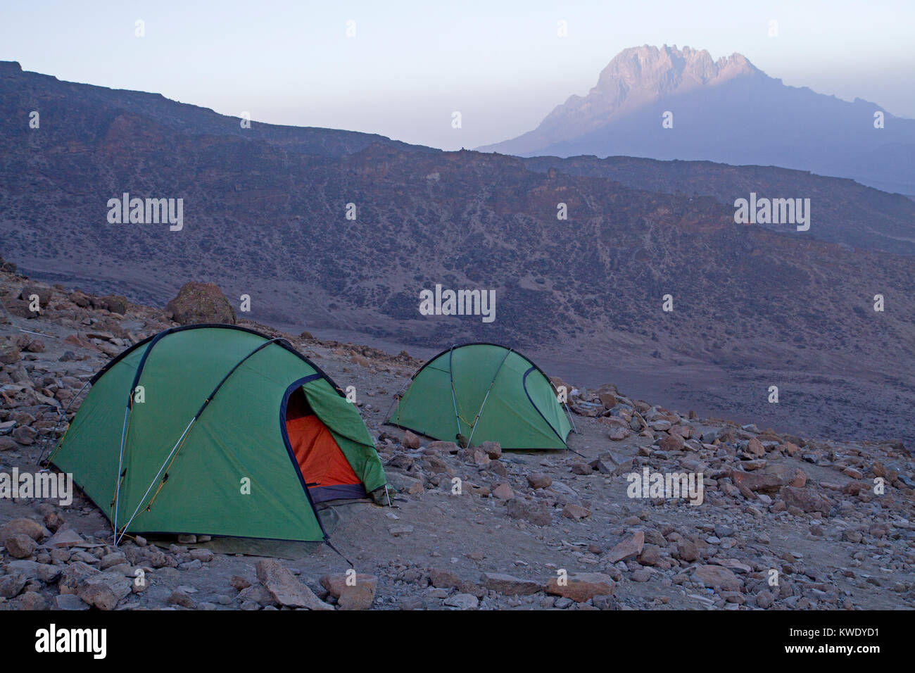 Tents at Barafu camp on Mt Kilimanjaro, looking out to Mawenzi peak Stock Photo