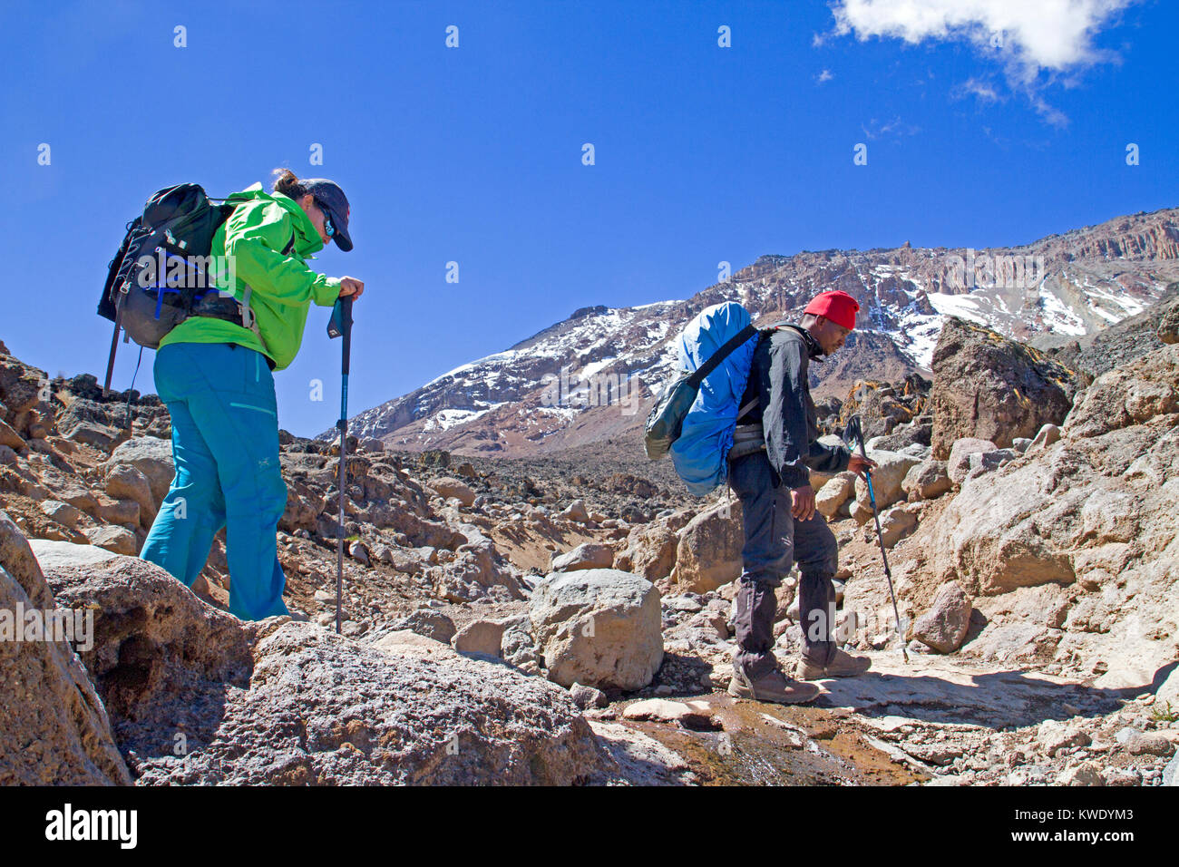 Trekkers on the southern slopes of Mt Kilimanjaro Stock Photo