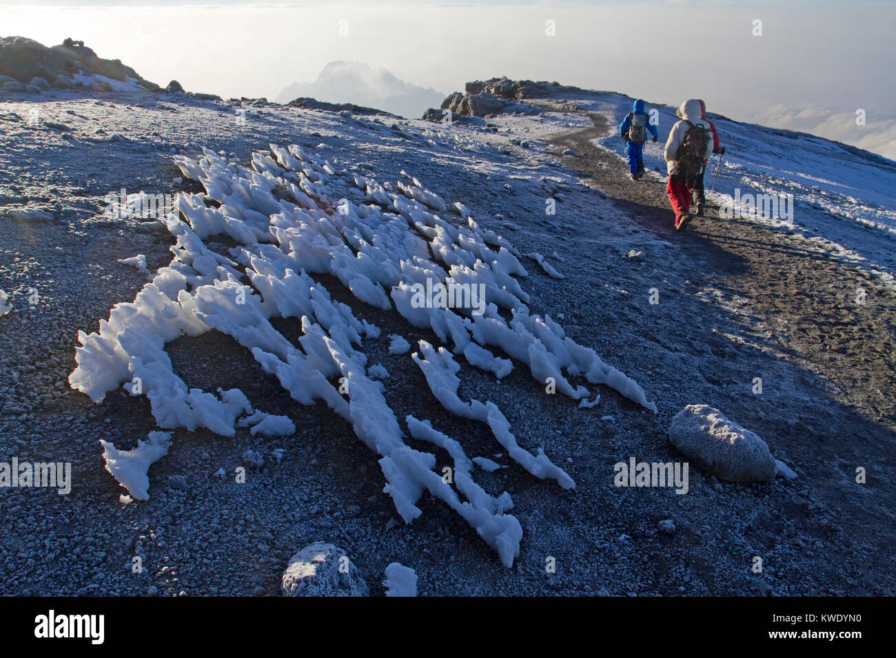 Wind-blasted snow formations on the crater rim of Mt Kilimanjaro Stock Photo