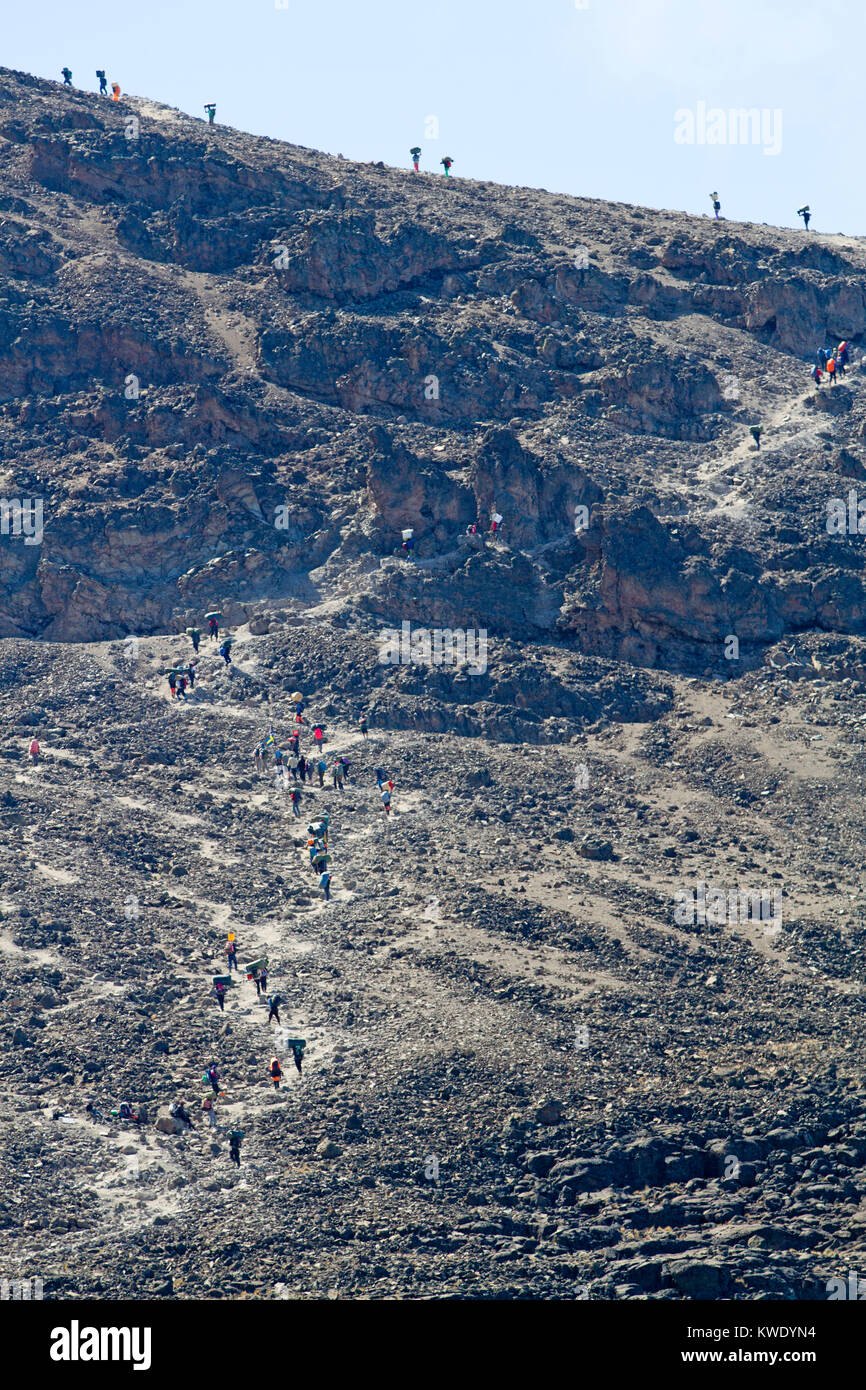 A crowd of trekkers on Mt Kilimanjaro Stock Photo