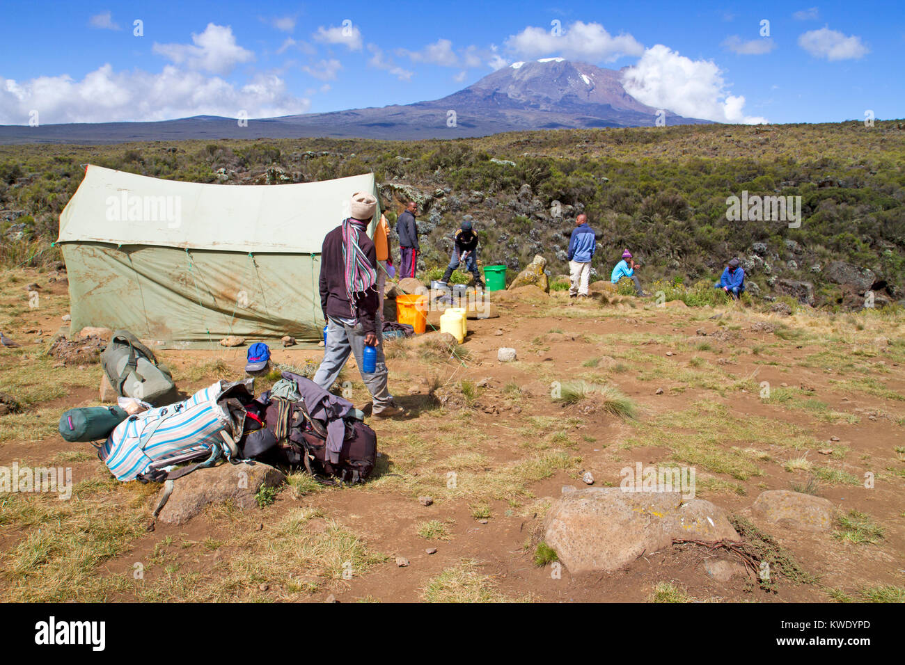 Porters in camp at Shira One on Mt Kilimanjaro Stock Photo