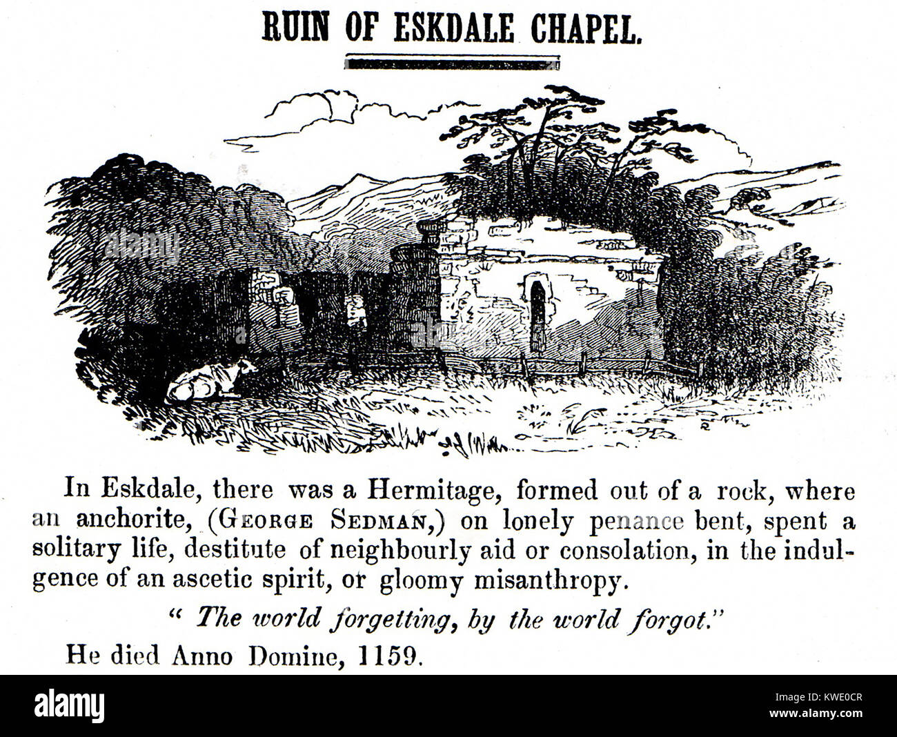 Eskdale Chapel  Hermitage, in  Eskdale between  Sleights and Aislaby villages,. Whitby, North Yorkshire, England. from an old printed engraving - Linked by some to the Whitby Horngarth or Penny Hedge annual ceremony via (Caedmon - Cedman -  Sedman name) and Whitby Abbey - From a Victorian engraving Stock Photo