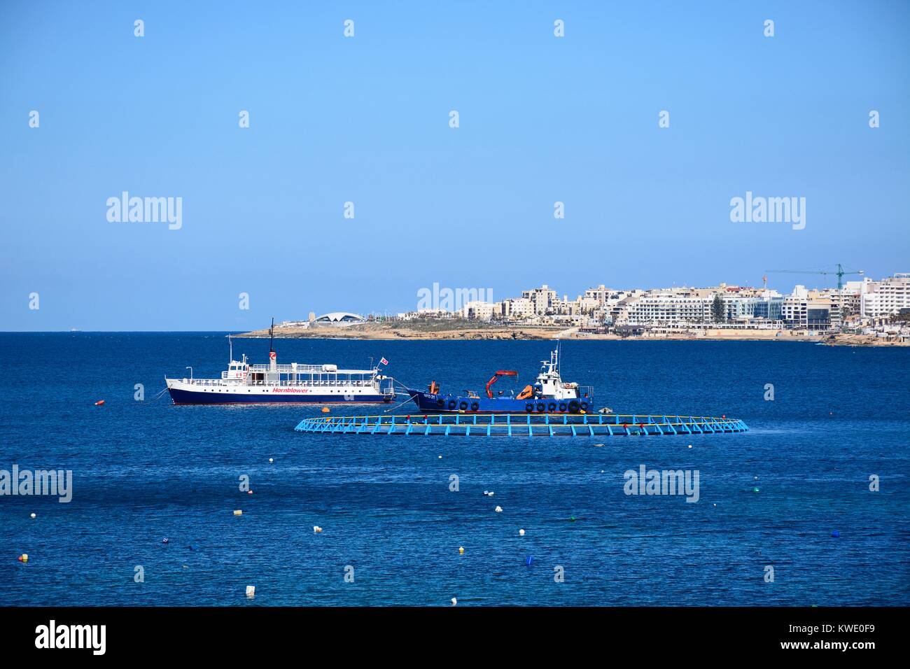 Fish farming off the coast with boats moored in the bay and views