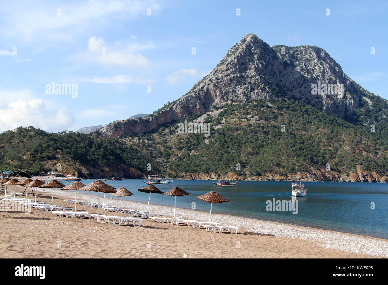 Sand beach and mount in Adrasan in Turkey Stock Photo