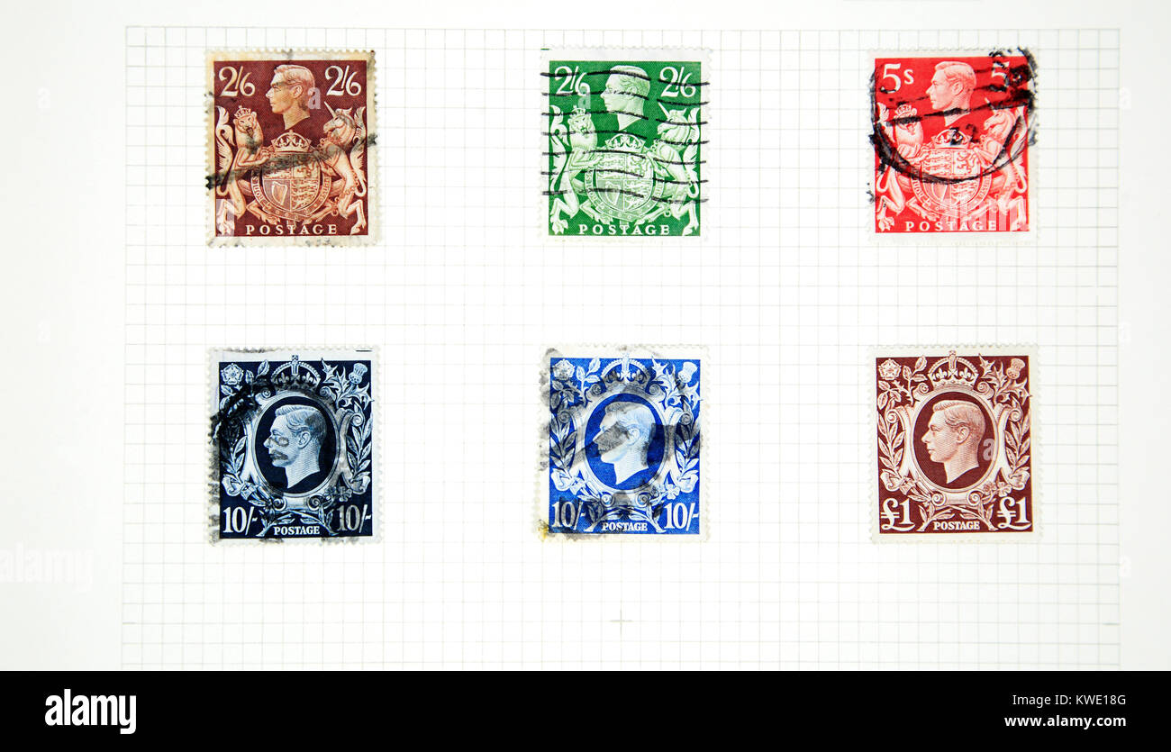 A stamp album page of six high value King VI stamps of 193948