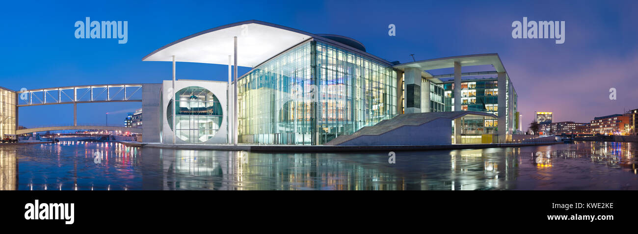 Panoramic night view at the Spree in Berlin in the government district. Stock Photo