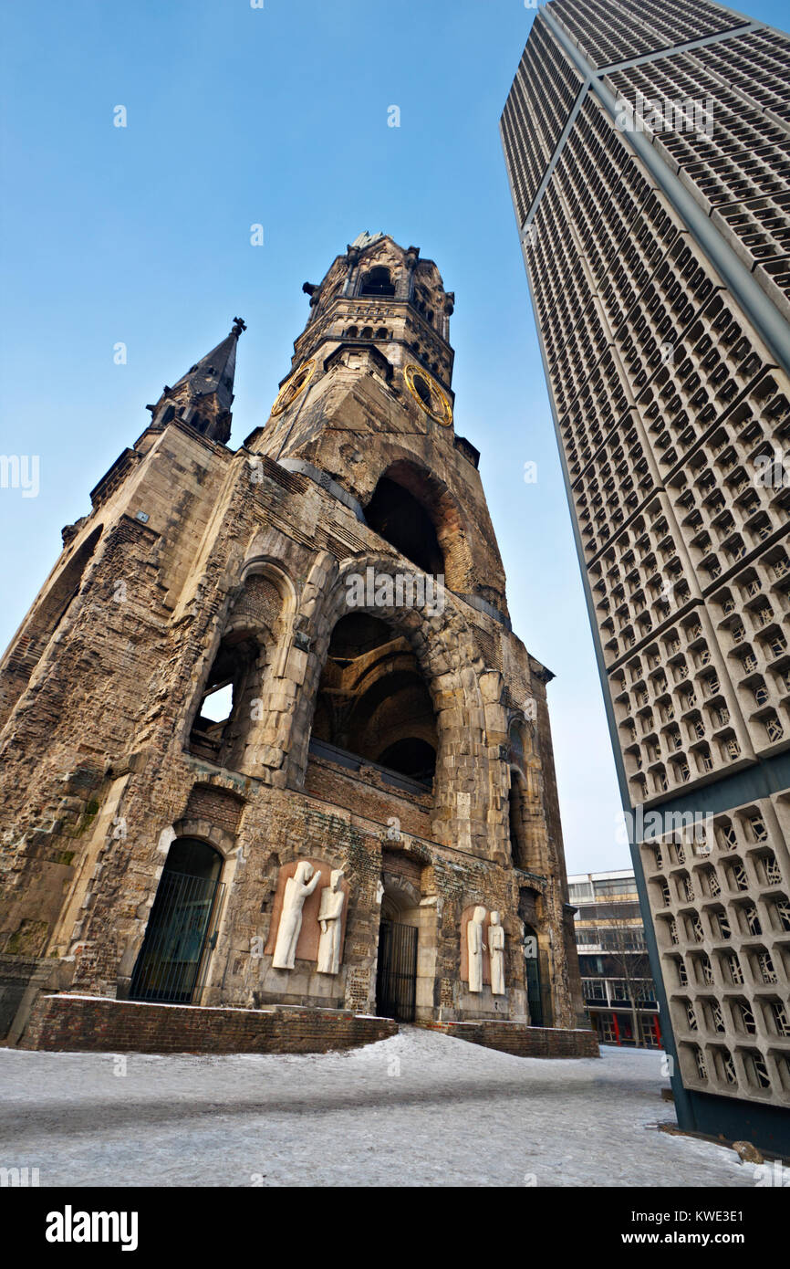 Low angle view of the Kaiser Wilhelm Memorial Church in Berlin. Stock Photo
