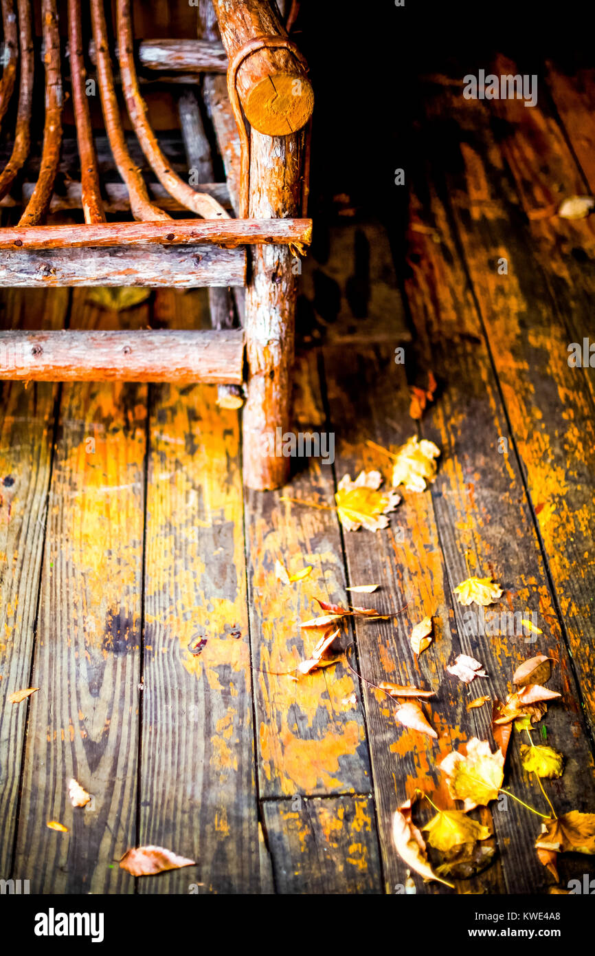 High angle view of autumn leaves on wooden floor Stock Photo