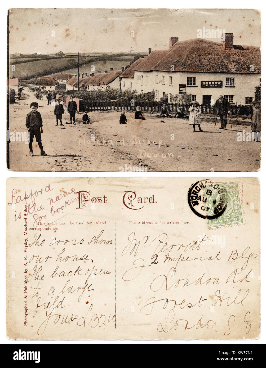 Hand-coloured postcard from, and featuring, Morchard Bishop, Devon, postmarked 1907.  View shows Fore Street; sadly the image is quite badly stained.  Stock Photo