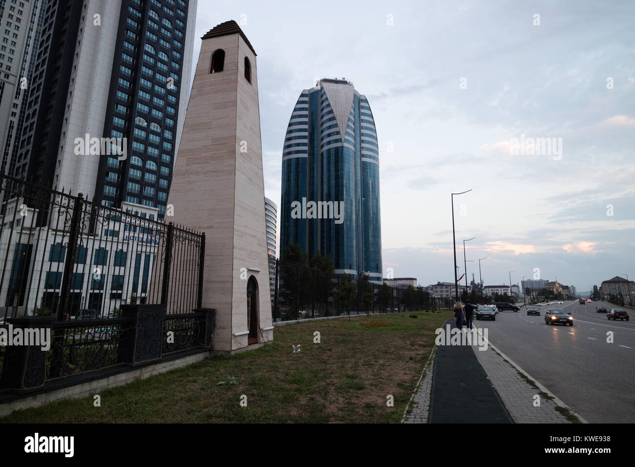 Grozny-City towers (after Nakh or Vainakh medieval towers), these two towers are built after Nakh (or Vainakh) medieval towers Stock Photo