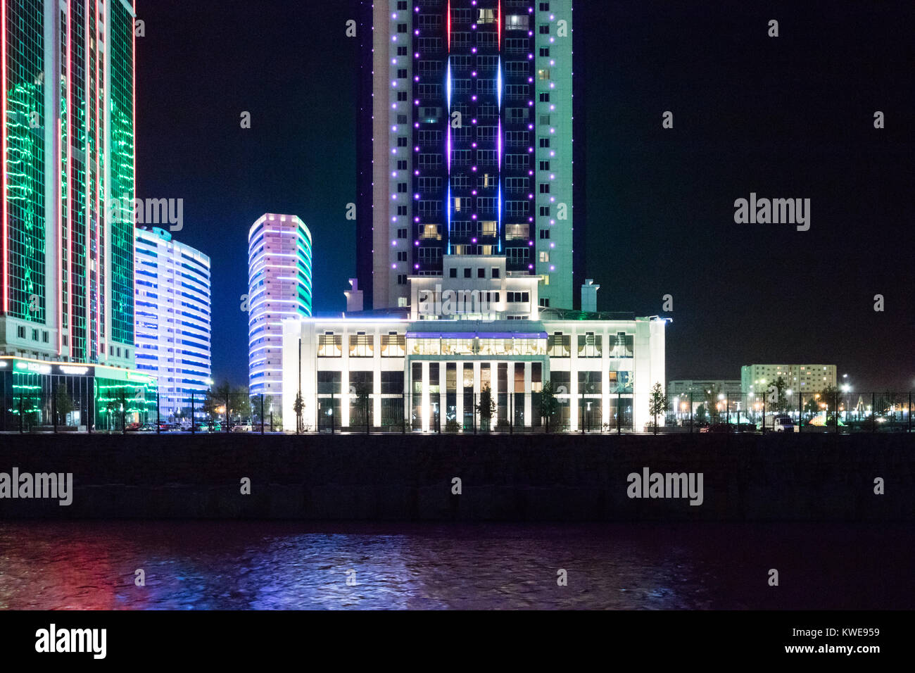 Grozny City towers illuminated at night, Grozny, Checnnya Stock Photo