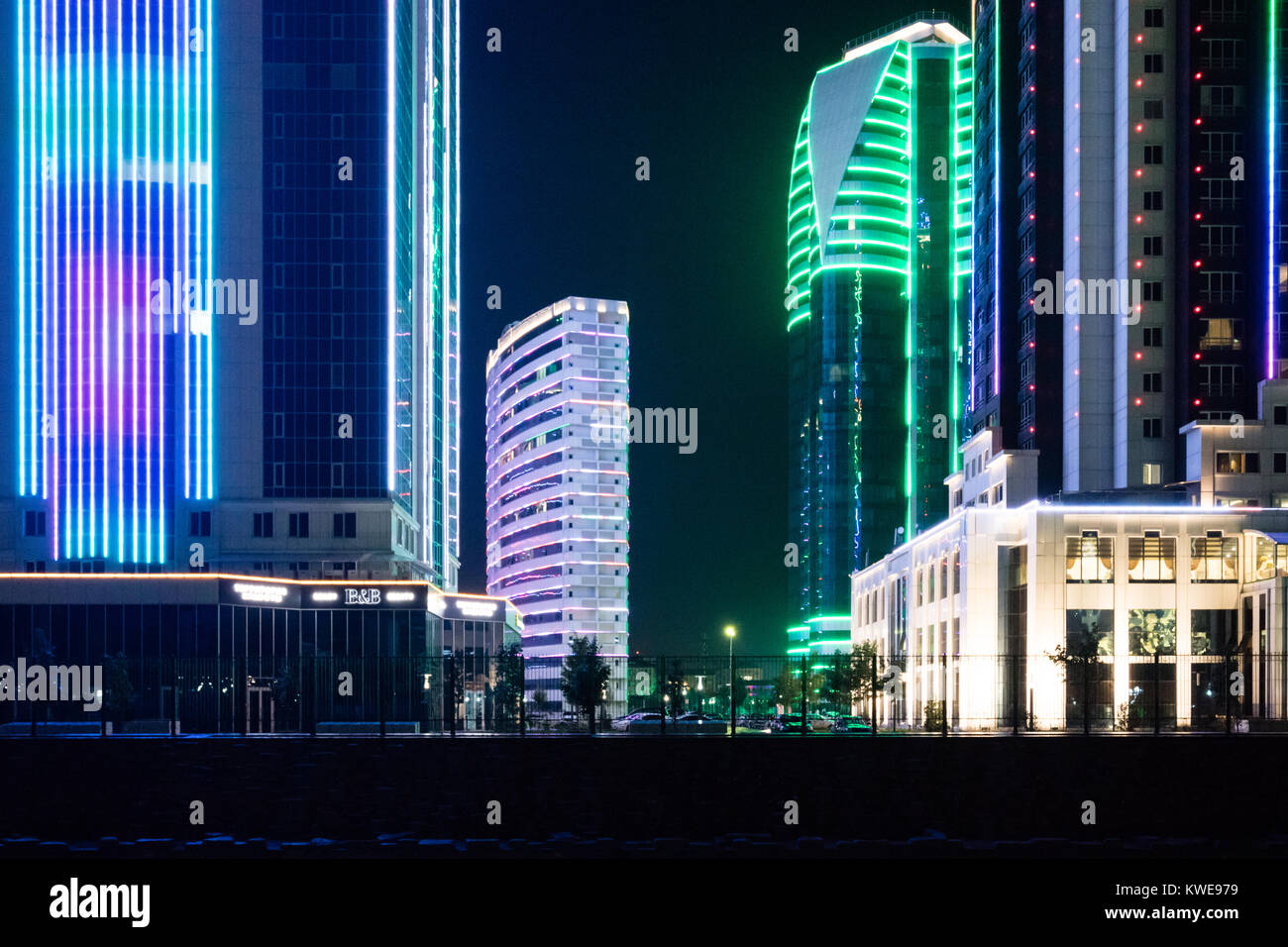 Grozny City towers illuminated at night, Grozny, Checnnya Stock Photo
