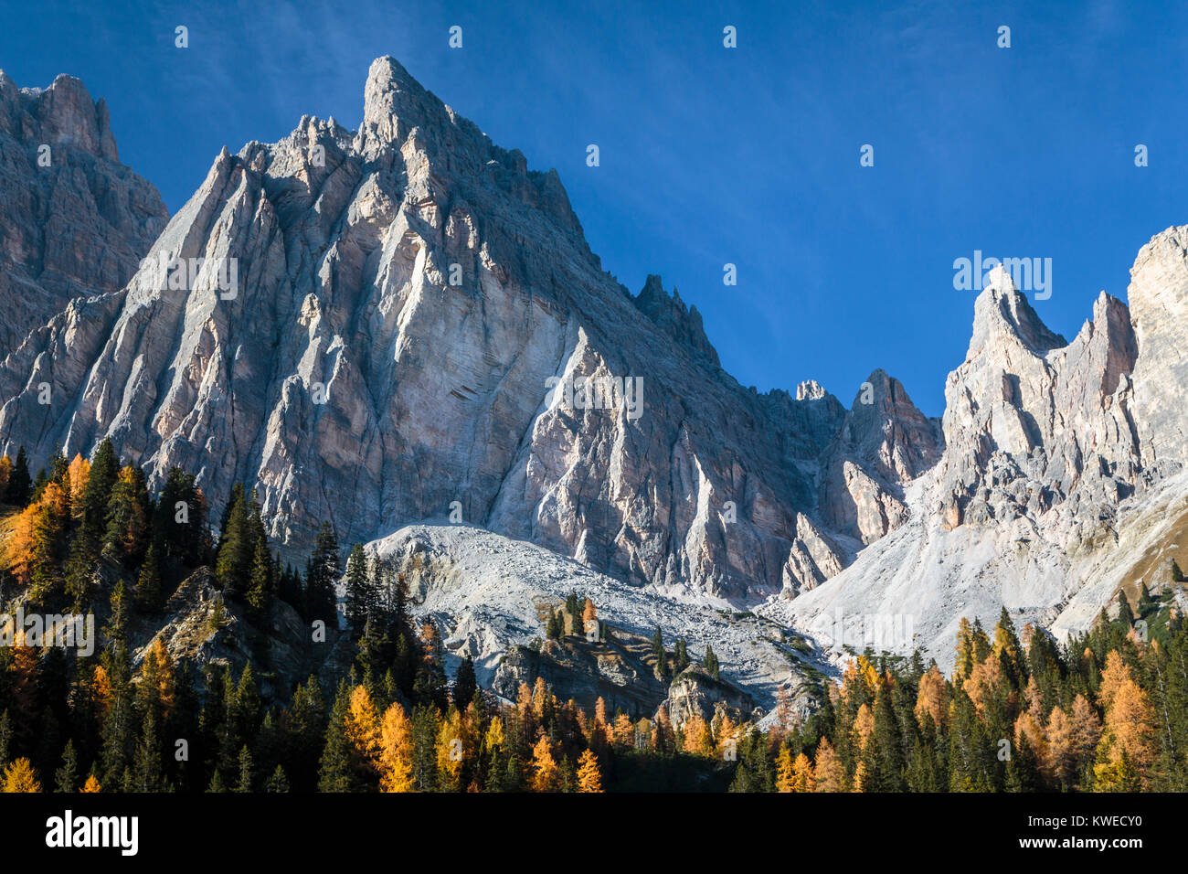 The Dolomite Alps with fall foliage color near Auronzo di Cadore, Misurina, Belluno, Italy, Europe. Stock Photo