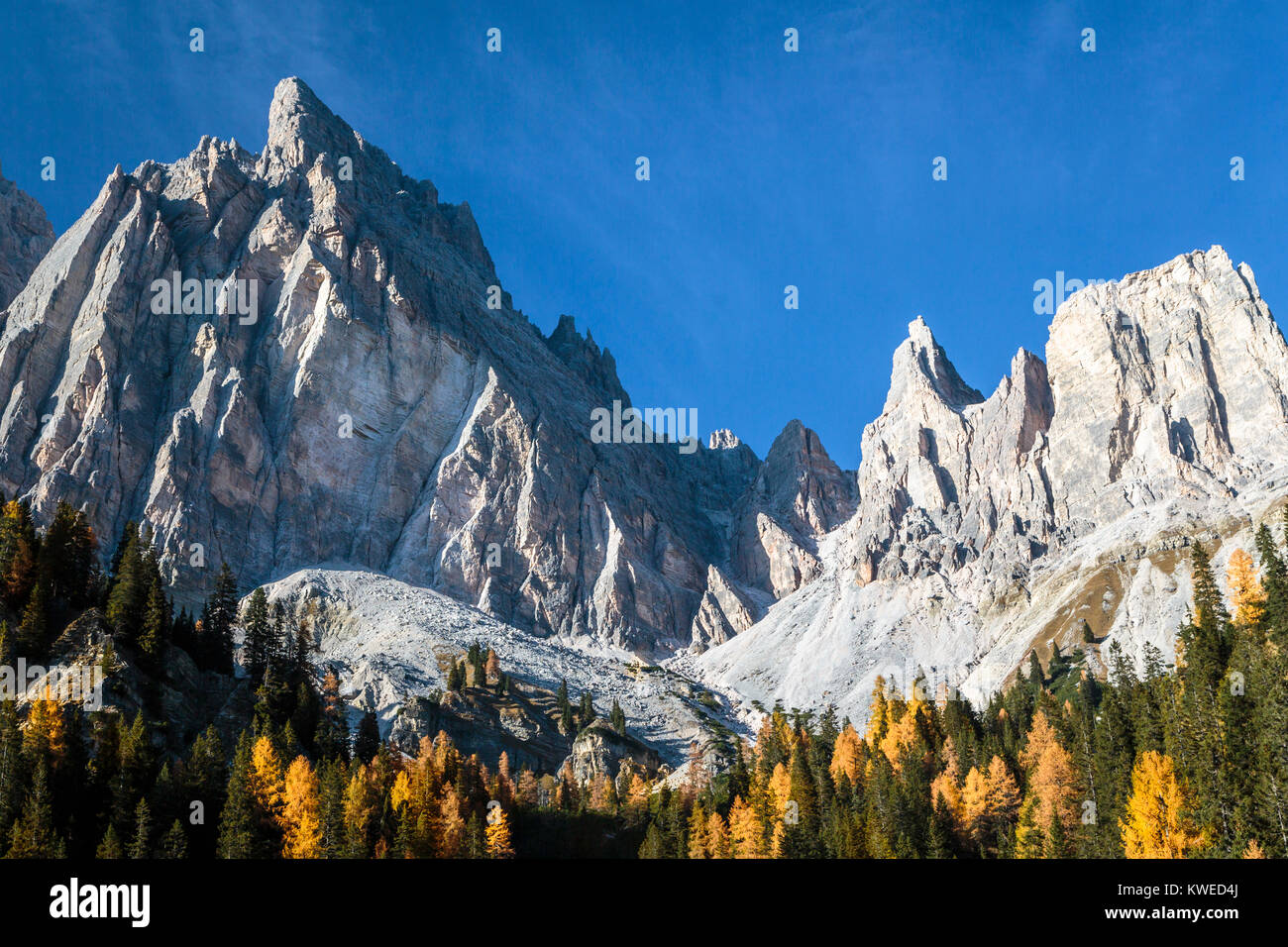 The Dolomite Alps with fall foliage color near Auronzo di Cadore, Misurina, Belluno, Italy, Europe. Stock Photo