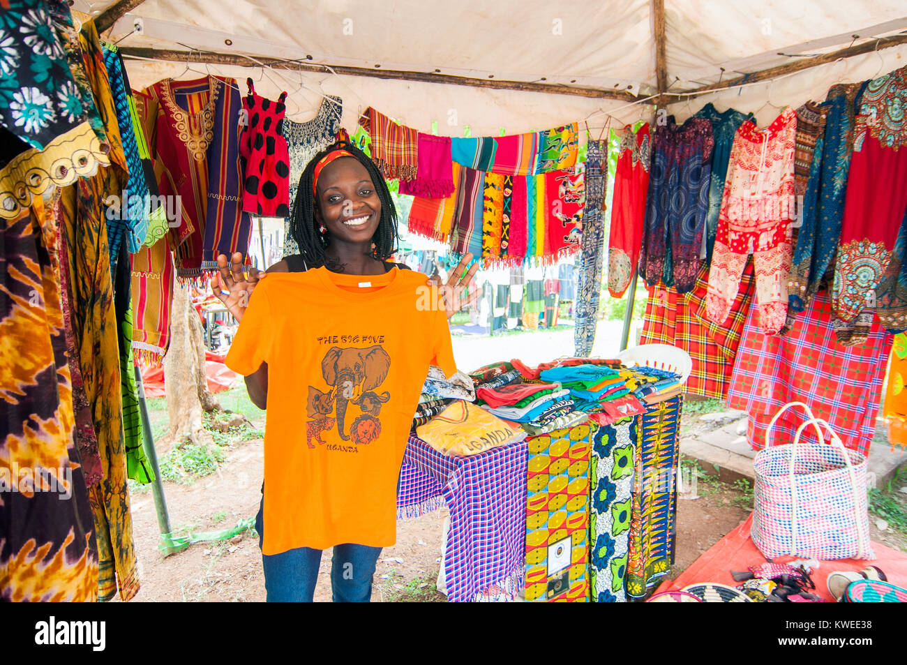 Stall interior, African clothing and craft market with tented stalls, Kampala Road, Kampala, Uganda Stock Photo