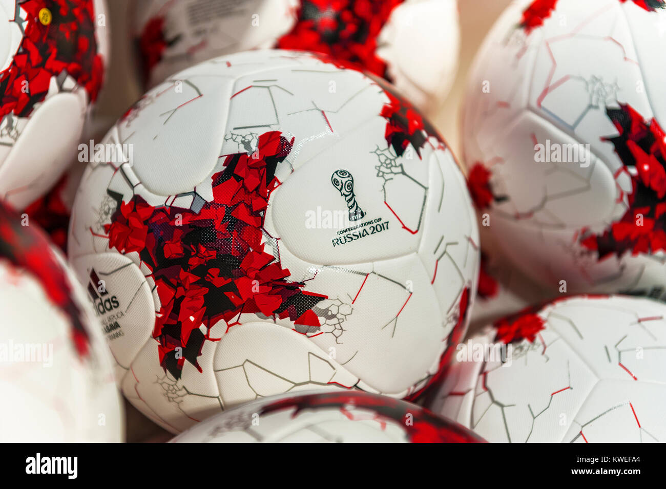 Official FIFA souvenir balls on sale in the shop of FIFA museum in Zurich Stock Photo