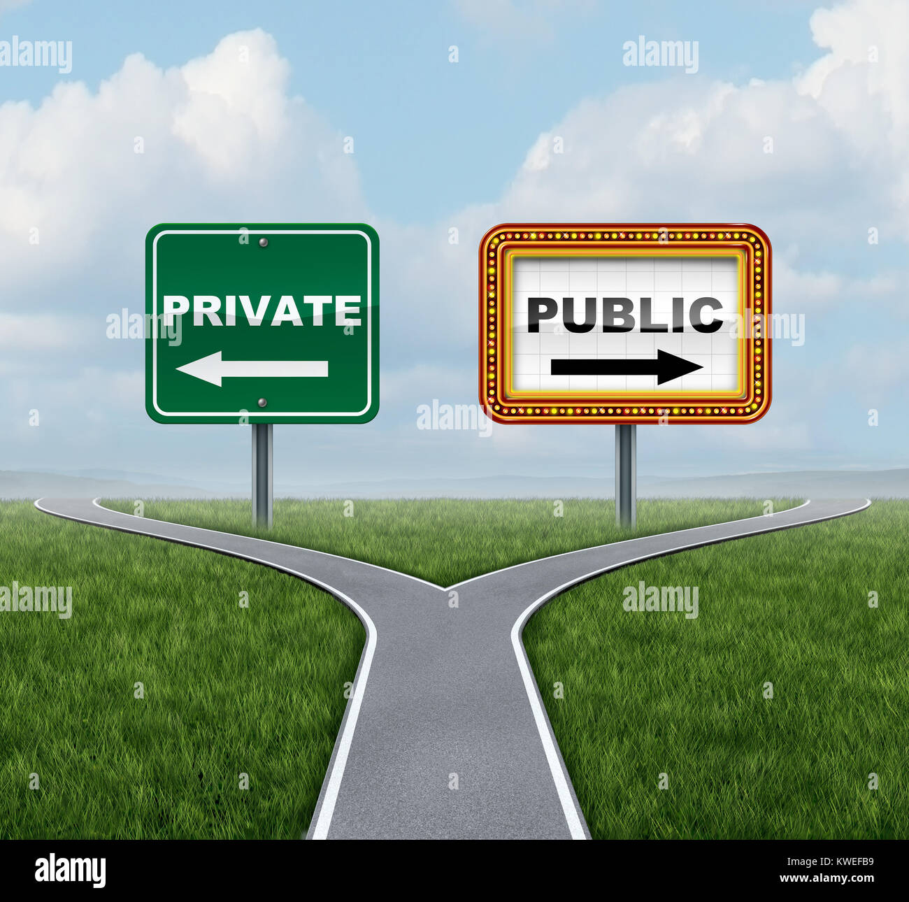 Private or public social media deciding how to share information as user generated content on the internet with 3D illustration elements. Stock Photo