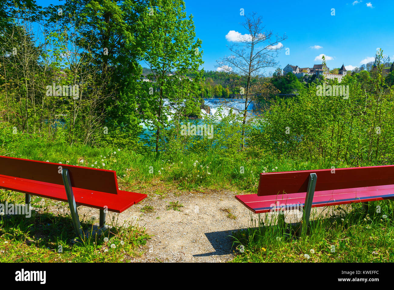 Benches with a view on Rhein waterfall. Germany Stock Photo