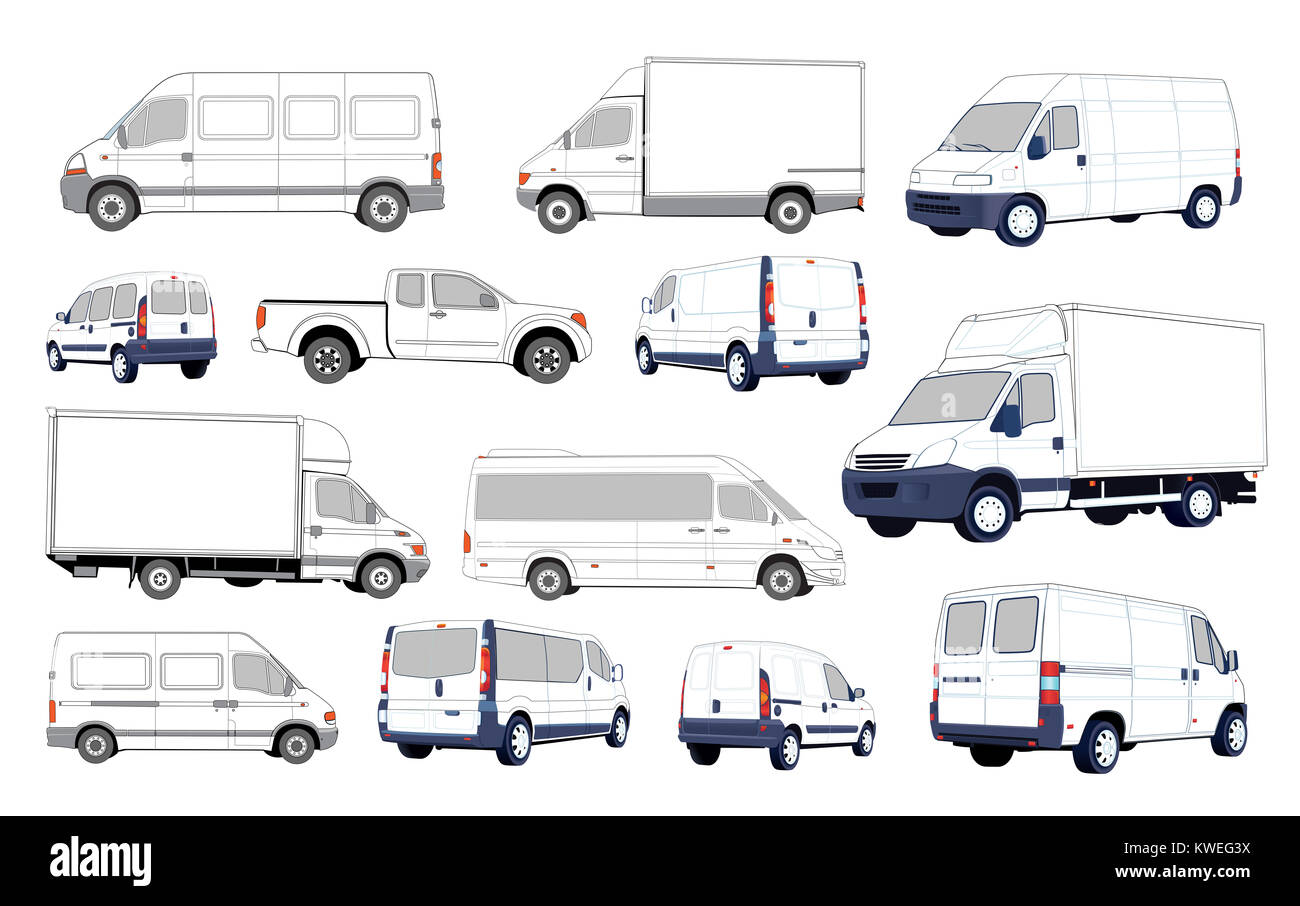 Set of black and white cars. Collection of various passenger cars and delivery trucks. Stock Photo