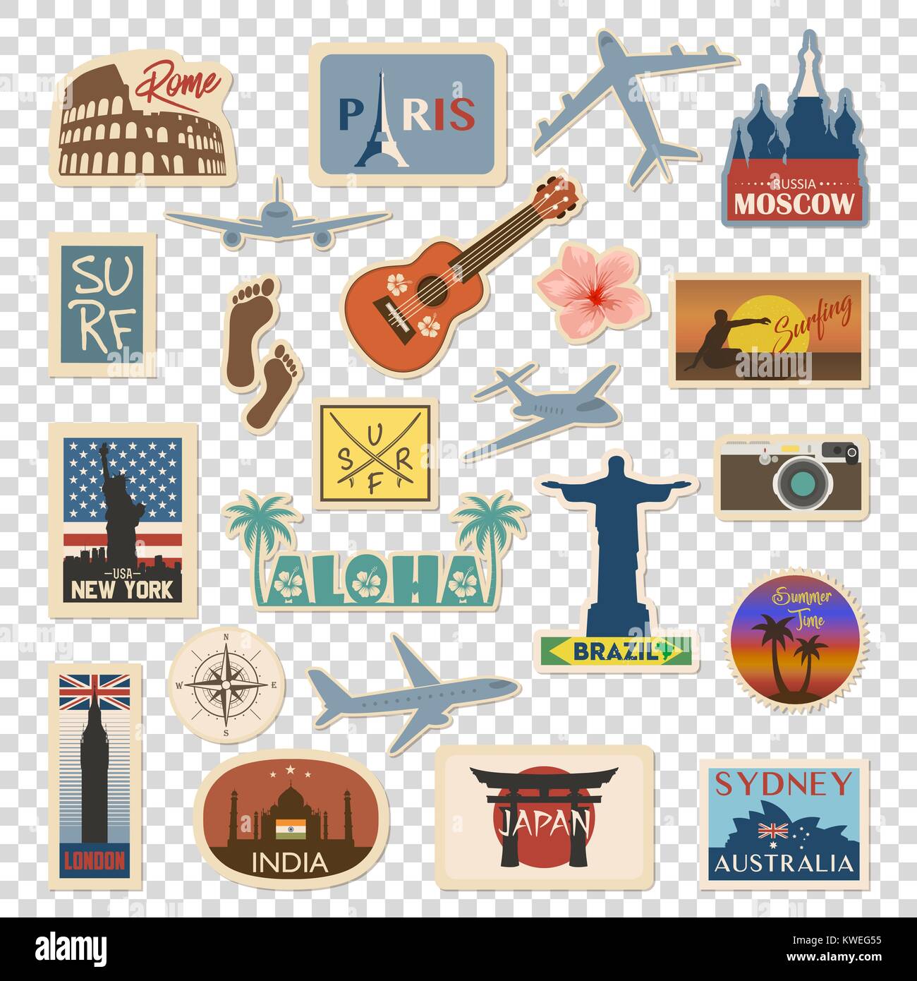 Vector travel sticker and label set with famous countries, cities,  monuments, flags and symbols in retro or vintage style. Includes Italy,  France, Russia, USA, England, India, Japan etc Stock Vector Image 