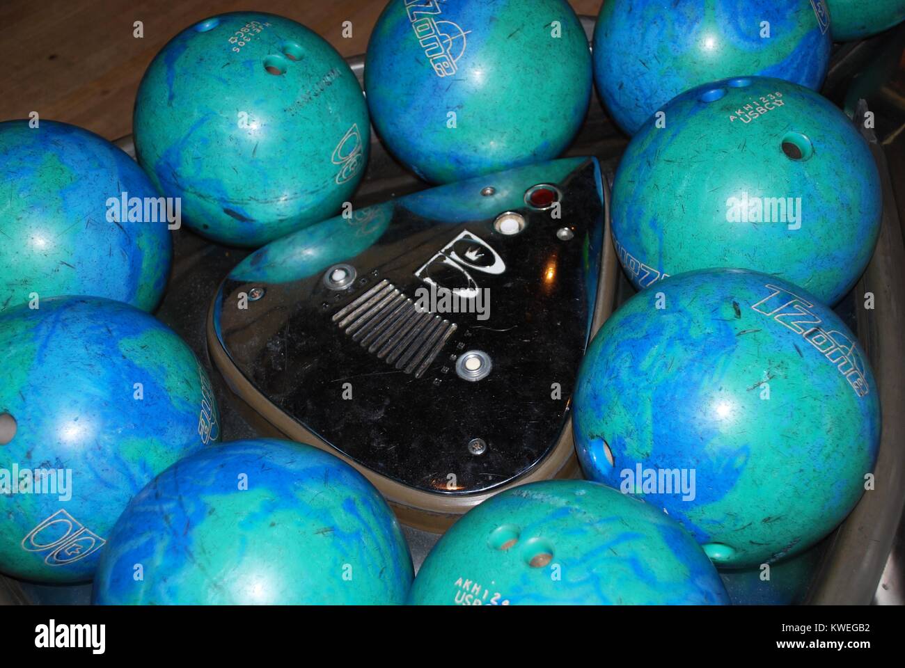 Bowling balls at vintage bowling alley, Pinewood Social in Nashville, TN Stock Photo
