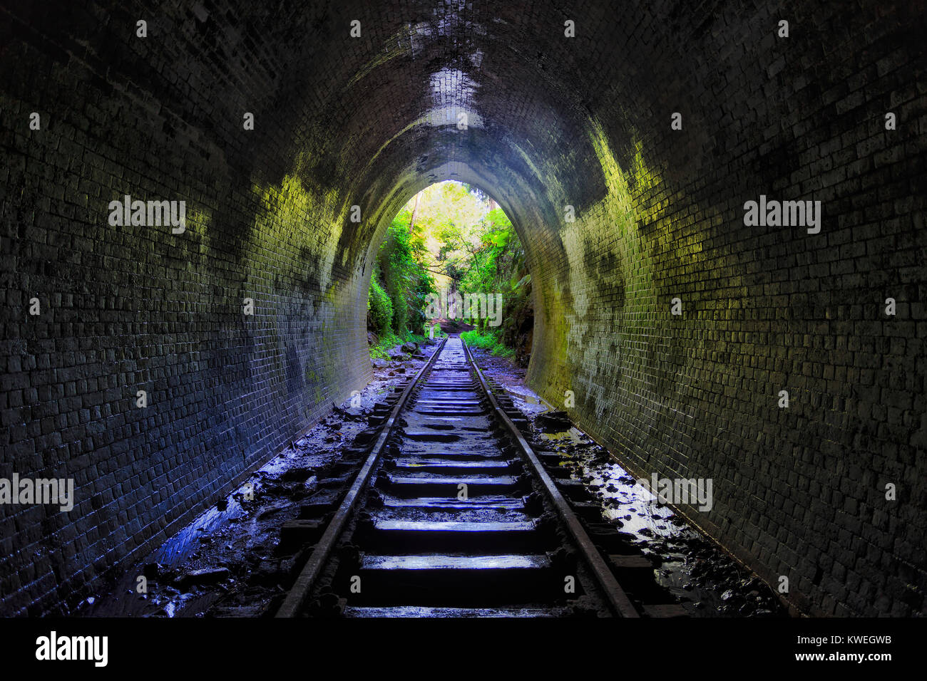 Old abandoned railway tunnel facing towards lush evergreen jungle in Helensburgh regional town of NSW, Australia. Exit portal letting sun light in ref Stock Photo