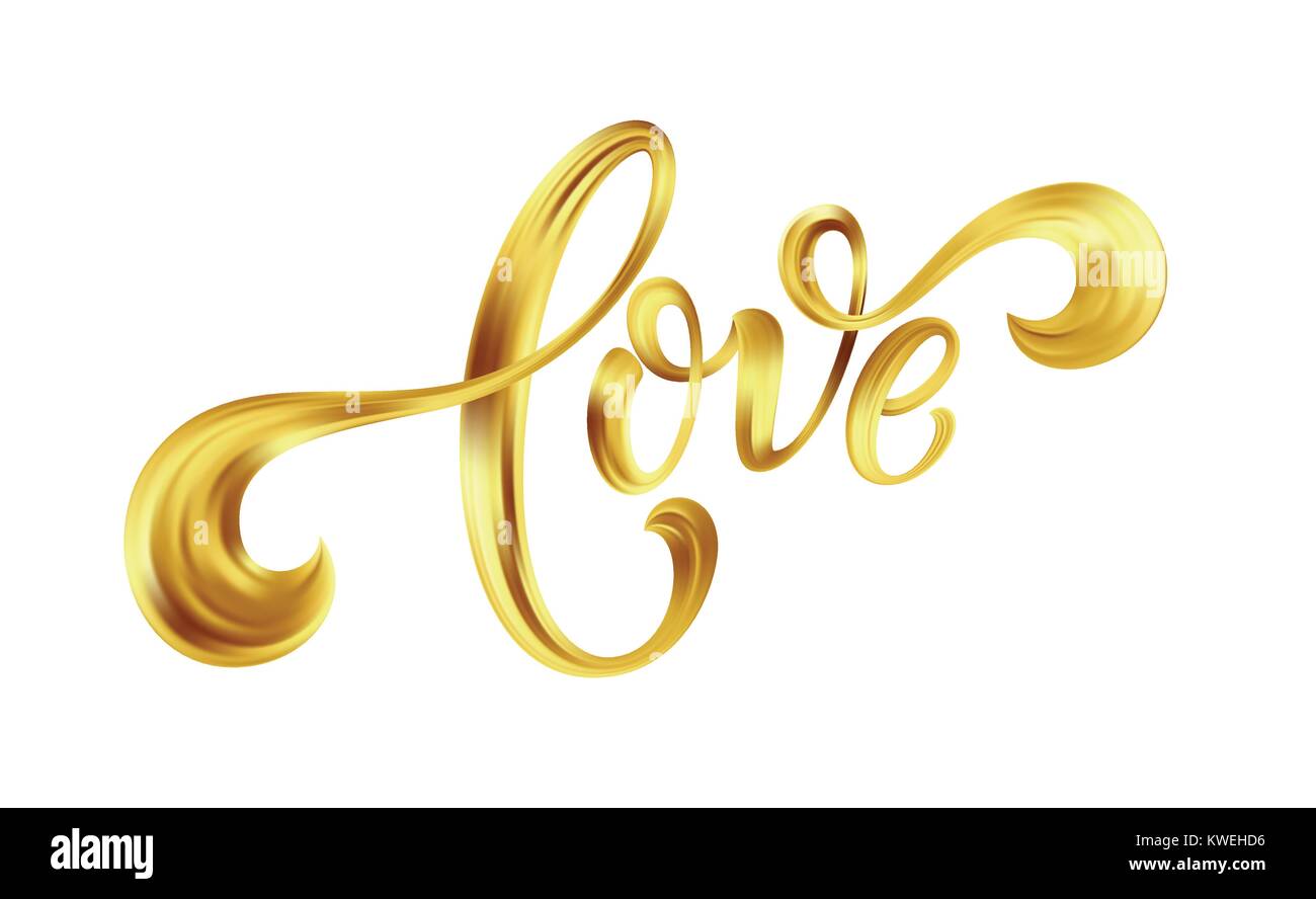 Love gold lettering text on background, hand painted letter, golden valentines day handwritten calligraphy for greeting card, invitation, wedding, save the date. Vector illustration Stock Vector