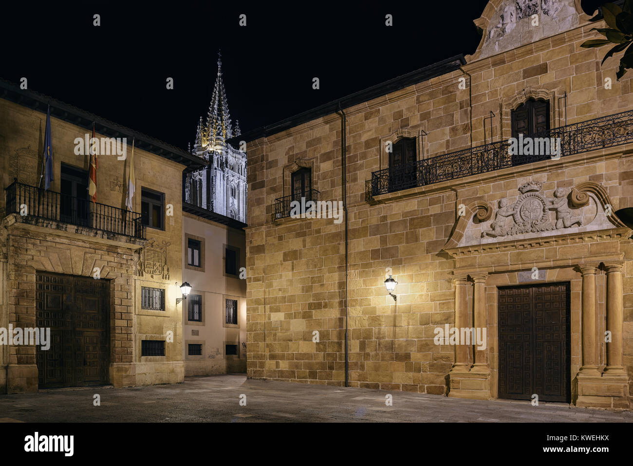 Plaza corrada del bishop, archbishopric, tower and facade of the entrance to the cloister of the Cathedral of San Sebastian de Oviedo, Asturias, Spain Stock Photo