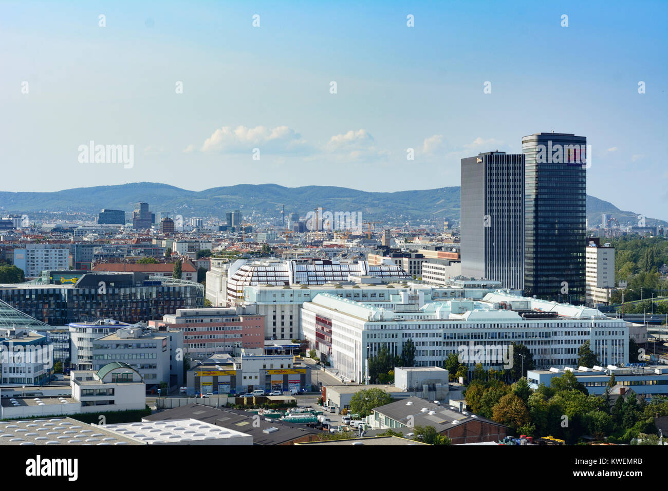 Wien, Vienna: city center, Wiener Stadtwerke headquarters building, Orbi Tower, Wienerwald, overview, Wien, Austria Stock Photo