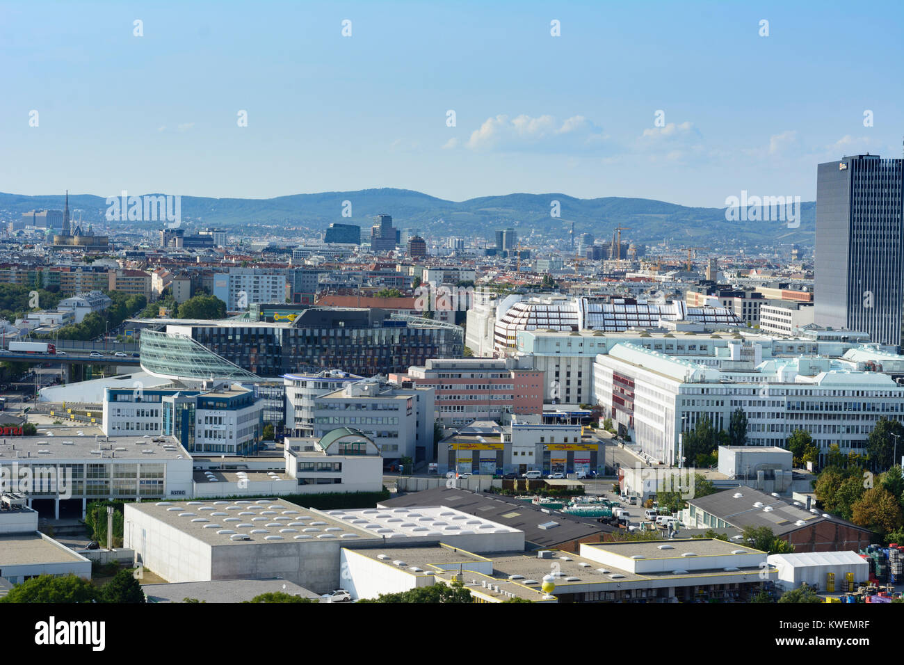 Wien, Vienna: city center, church Stephansdom (St. Stephen's Cathedral), Wiener Stadtwerke headquarters building, Wienerwald, overview, Wien, Austria Stock Photo