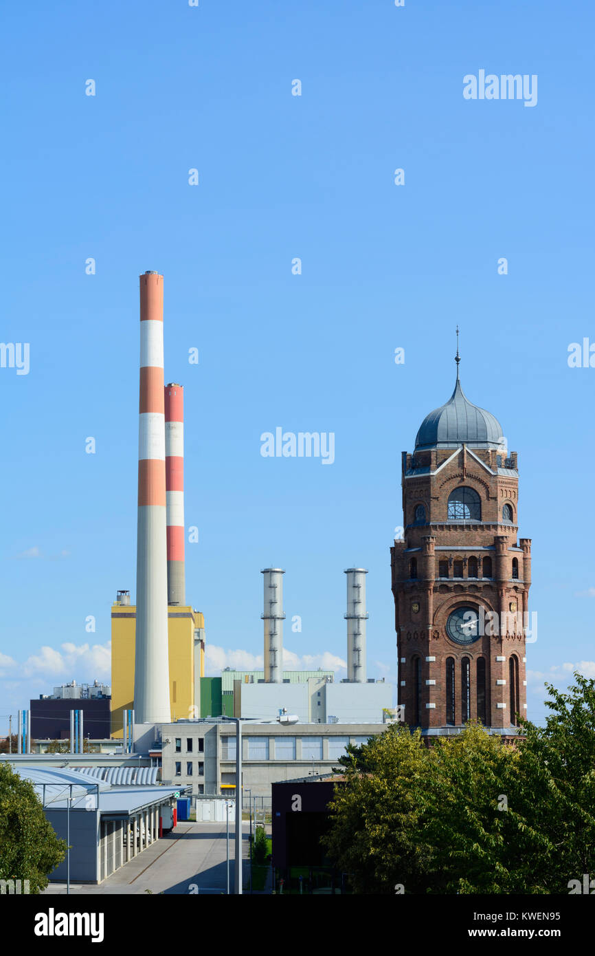 Wien, Vienna: Gaswerk Simmering gas works water tower and chimneys, 11. Simmering, Wien, Austria Stock Photo
