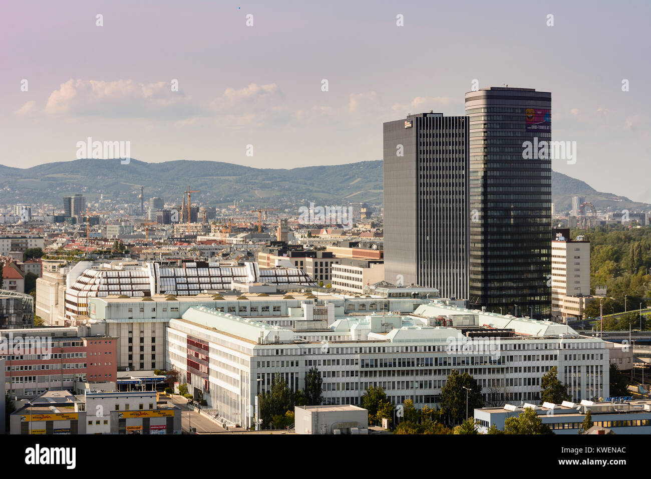 Wien, Vienna: city center, Wiener Stadtwerke headquarters building, Orbi Tower, Wienerwald, overview, Wien, Austria Stock Photo