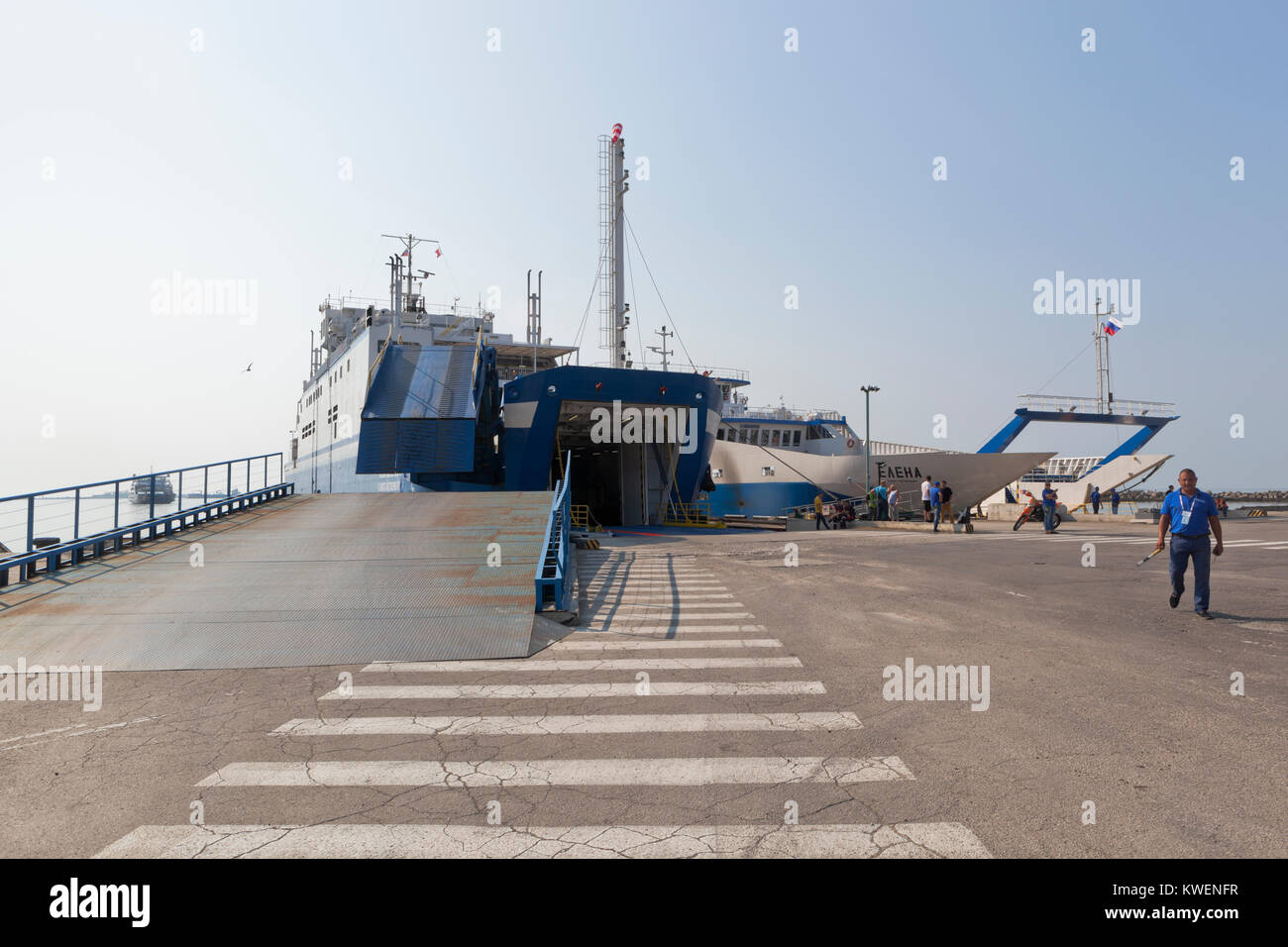 Kerch, Republic of Crimea, Russia - July 23, 2017: Ferries 'Olympiada' and 'Elena' under loading in the port of Crimea Stock Photo