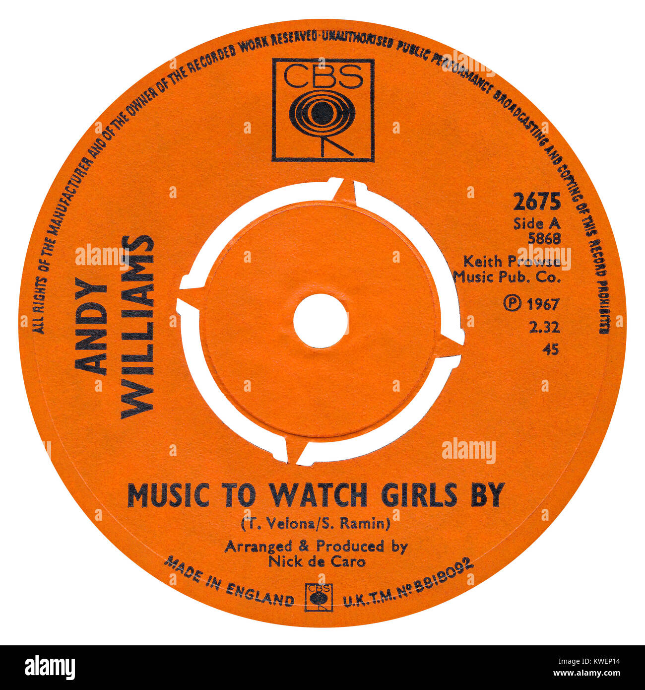 45 RPM 7' UK record label of Music To Watch Girls By by Andy Williams. Released in April 1967 on the CBS label. Stock Photo
