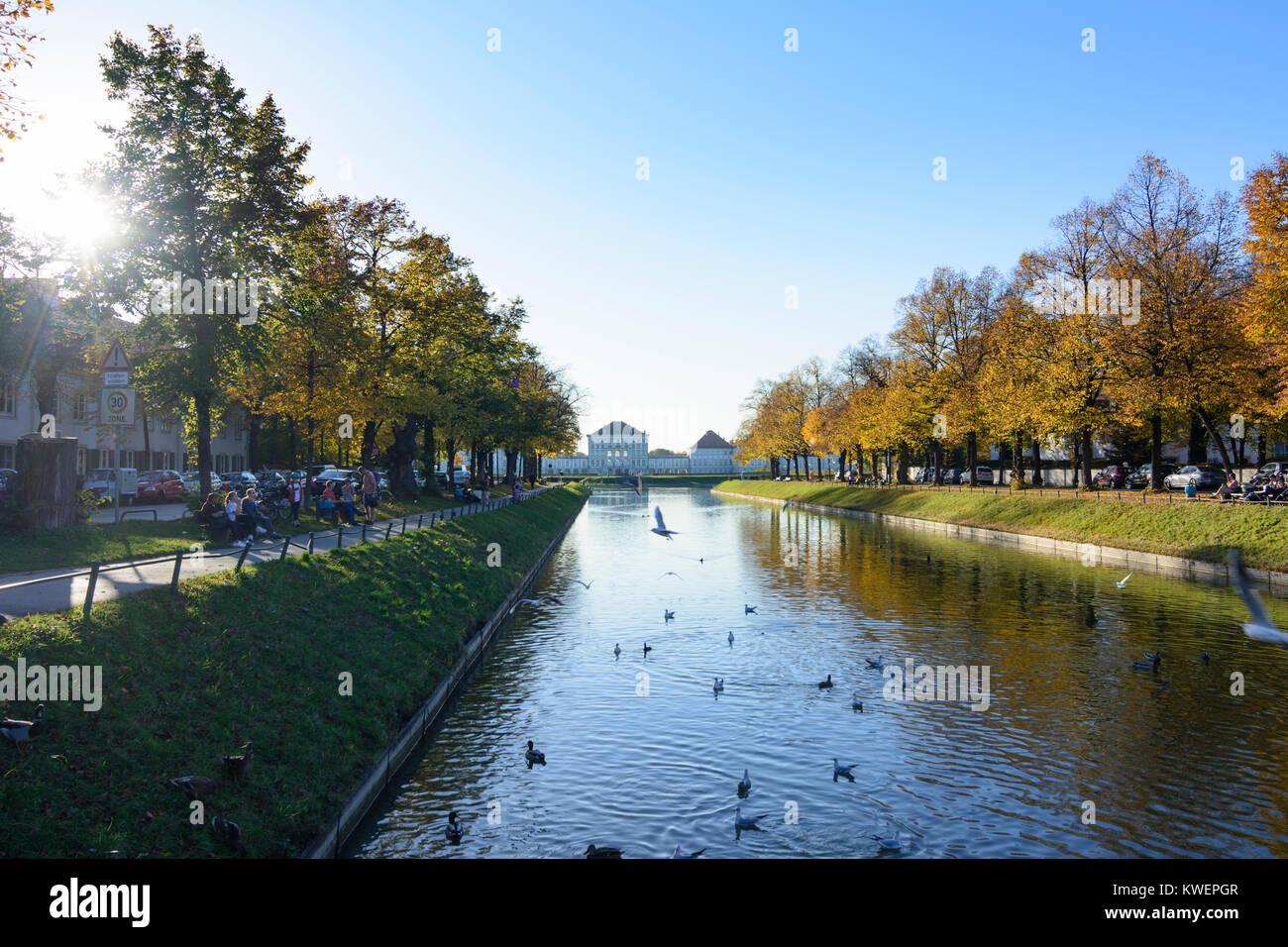 München, Munich: canal Nymphenburger Kanal, Nymphenburg Palace, Oberbayern, Upper Bavaria, Bayern, Bavaria, Germany Stock Photo
