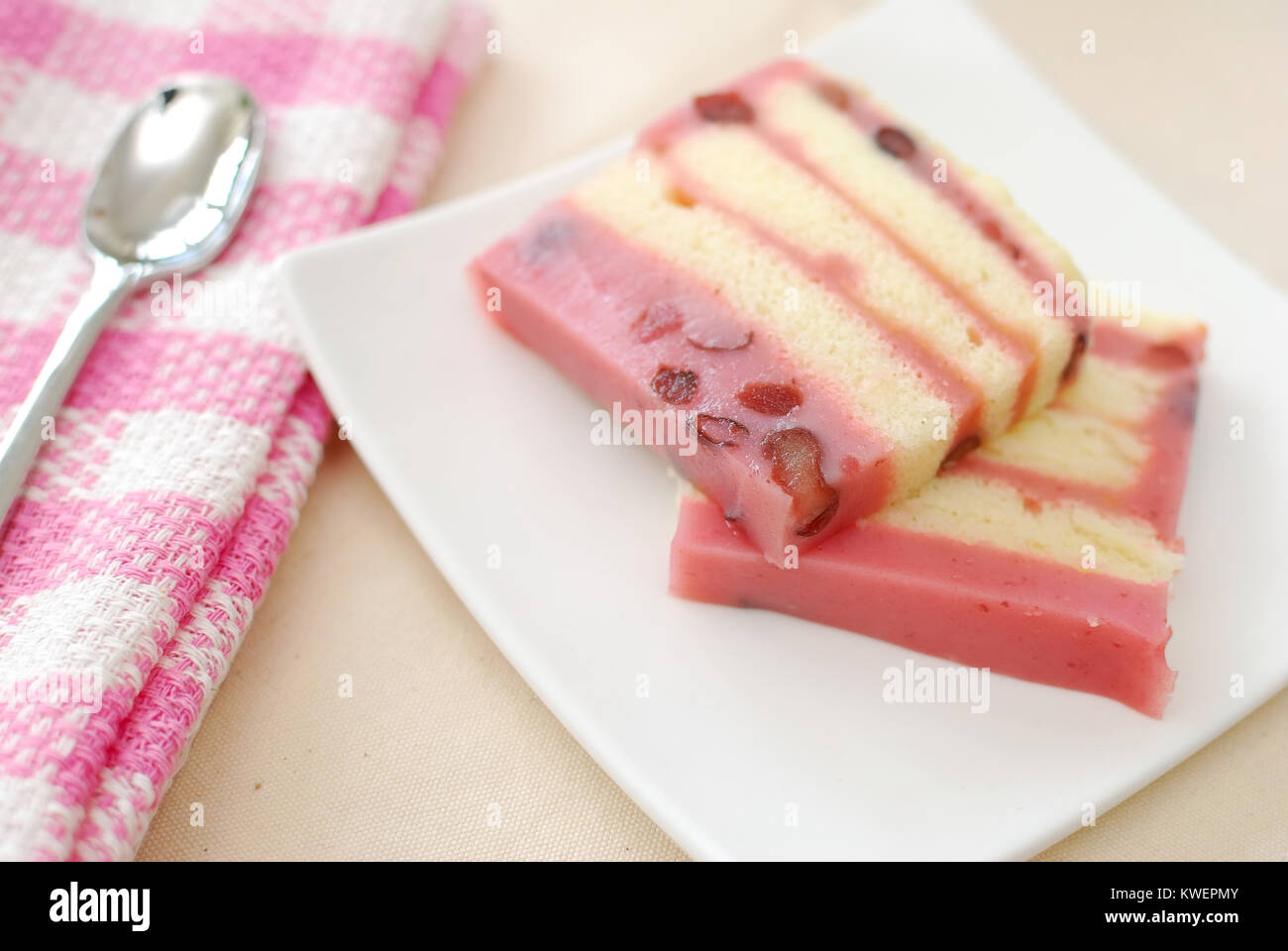Healthy red bean cake for dessert with spoon. For concepts such as food and beverage, diet and nutrition, and celebrations and festives. Stock Photo