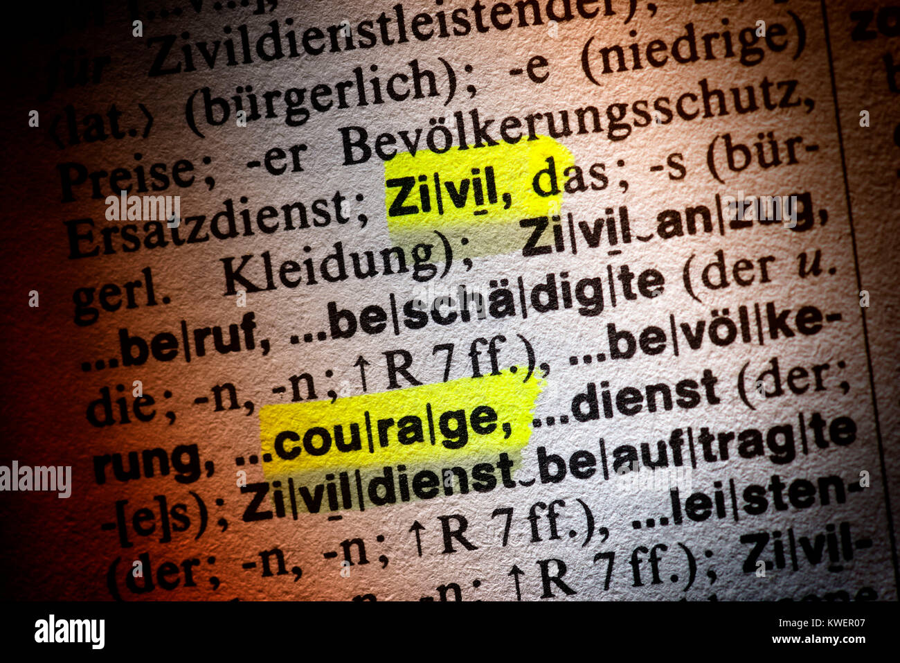 The word Courage of the convictions in a dictionary, Das Wort Zivilcourage in einem W?rterbuch, Das Wort Zivilcourage in einem Woerterbuch Stock Photo