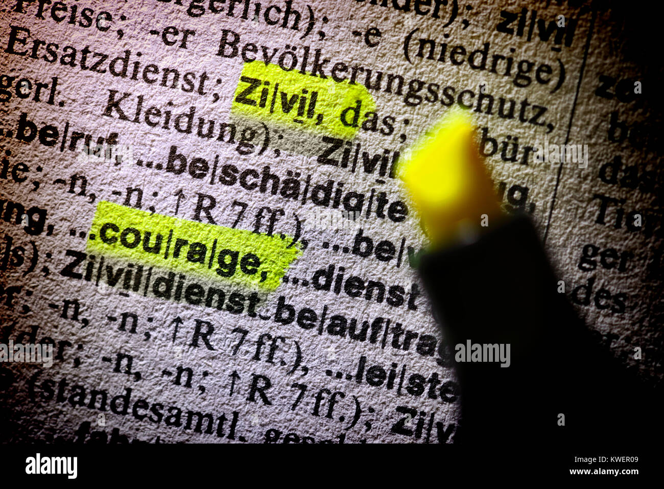 The word Courage of the convictions in a dictionary, Das Wort Zivilcourage in einem W?rterbuch, Das Wort Zivilcourage in einem Woerterbuch Stock Photo