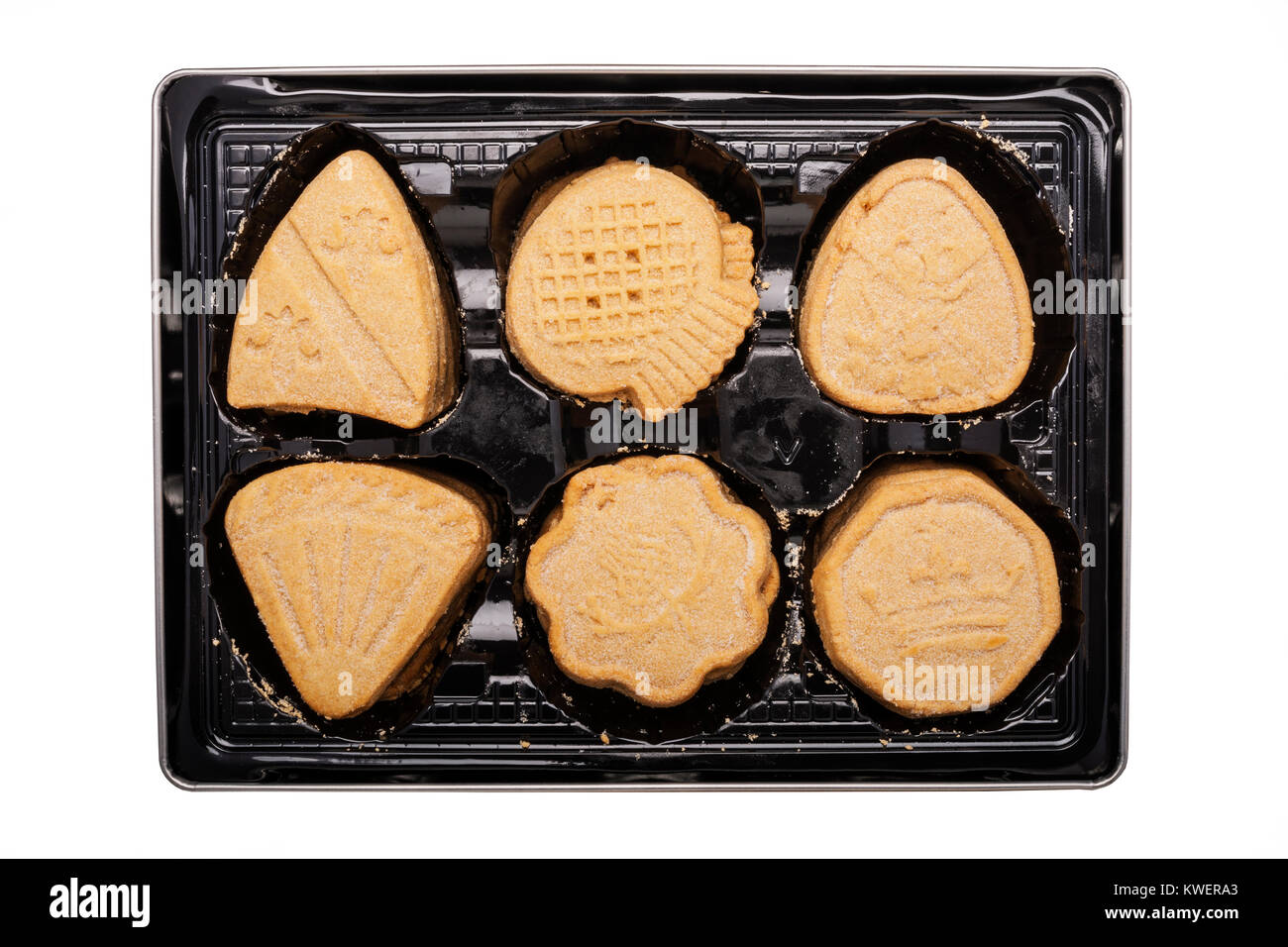 A tin of M&S all butter Shortbread  baked in Edinburgh on a white background Stock Photo