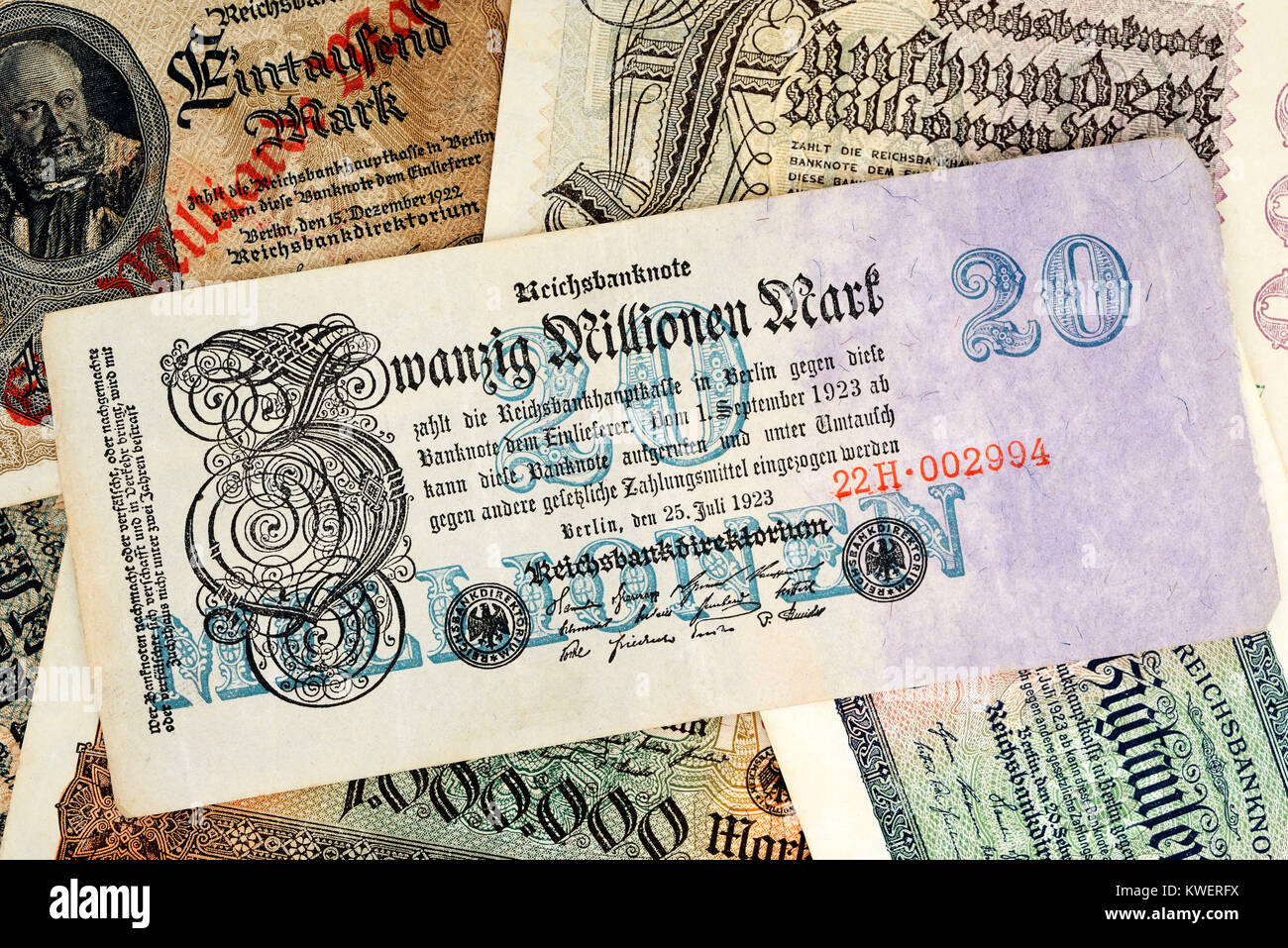 Old German inflation bank notes, Alte deutsche Inflations-Geldscheine Stock Photo