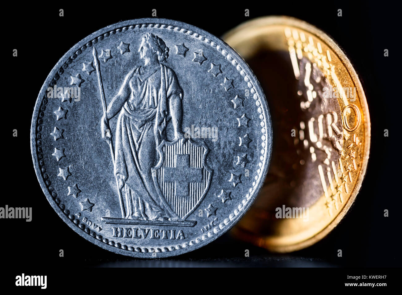 Swiss franc and euro, ending of the franc-least course to the euro, Schweizer Franken und Euro, Beendigung des Franken-Mindestkurses zum Euro Stock Photo