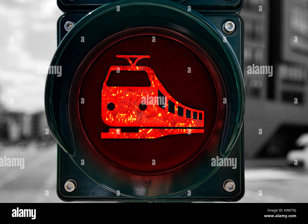 Red traffic light with road symbol, symbolic photo road strike, Rote Verkehrsampel mit Bahnsymbol, Symbolfoto Bahnstreik Stock Photo