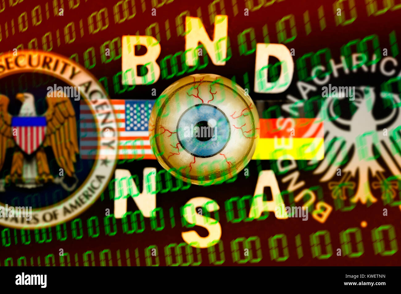 Eye and sign of Federal Intelligence Service and NSA, symbolic photo Federal Intelligence Service scandal, Auge und Zeichen von BND und NSA, Symbolfot Stock Photo
