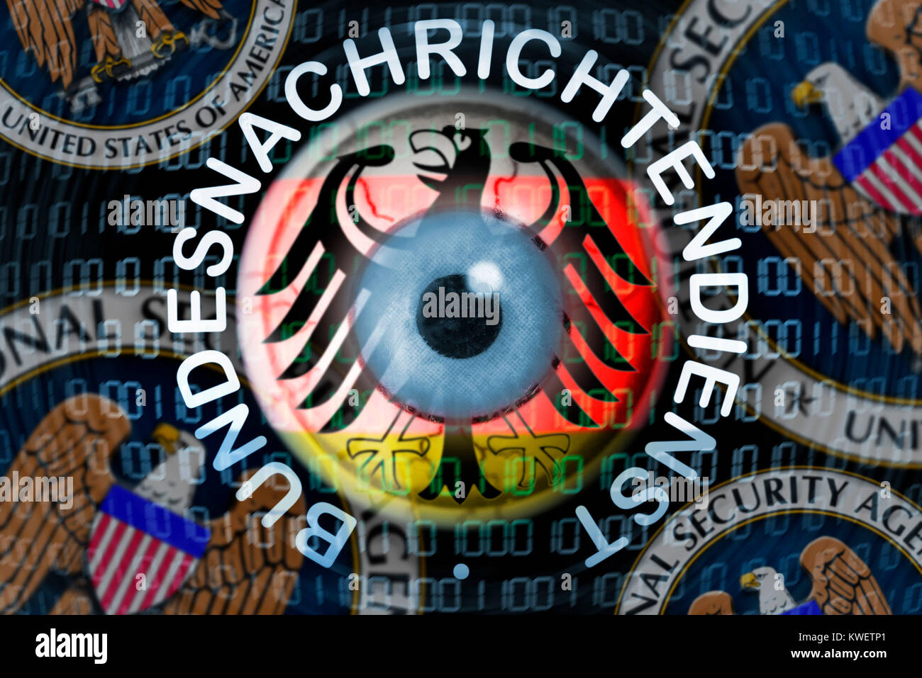 Eye and sign of the Federal Intelligence Service and the NSA, symbolic photo Federal Intelligence Service scandal, Auge und Zeichen des Bundesnachrich Stock Photo