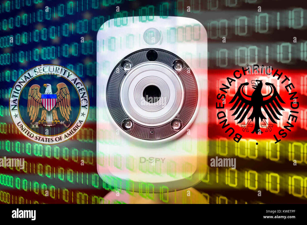 Webcam and sign of Federal Intelligence Service and NSA, symbolic photo Federal Intelligence Service scandal, Webcam und Zeichen von BND und NSA, Symb Stock Photo